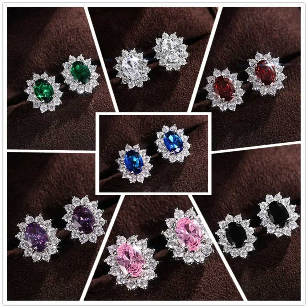 Full Zircon Stud Earrings for Women Blue/Purple/Red/Pink/Black/White/Green Oval CZ Wedding Trend Female Luxury Jewelry Z250408