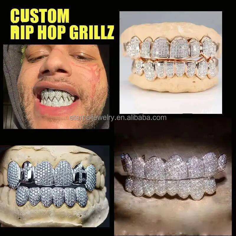 Custom Single Tooth Grillz Moissanite Perm Cut 14k 18k Real Gold 925 Silver 6 Teeth Grillz Vvs Moissanite Grillz