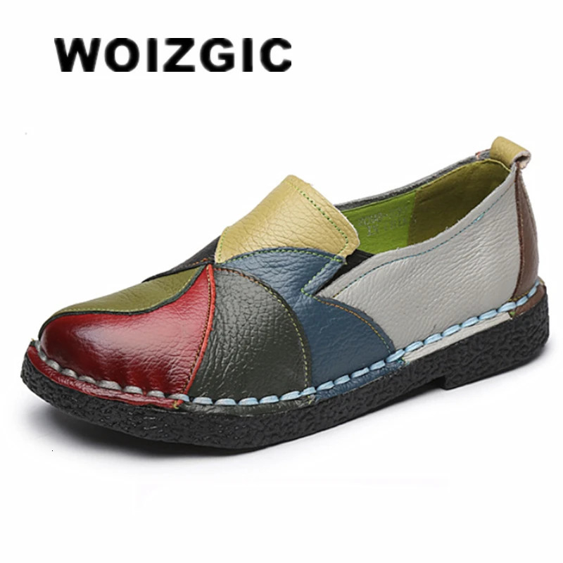 WOIZGIC Womens Ladies Female Woman Mother Shoes Flats Genuine Leather Loafers Moccasins Mixed Colorful Non Slip On Plus Size 42 250402