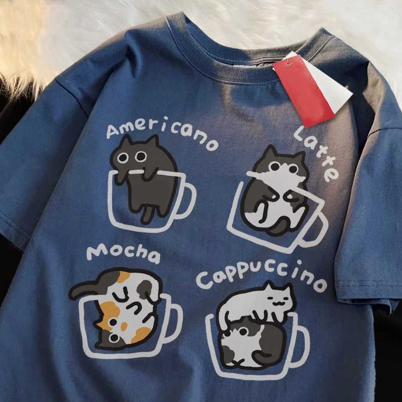 Cat Coffee Pure Cotton Trendy Summer Loose Short sleeved T-shirt Mens Original Mocha Latte Cat Three Flowers Fun Cat TeesXJ250409