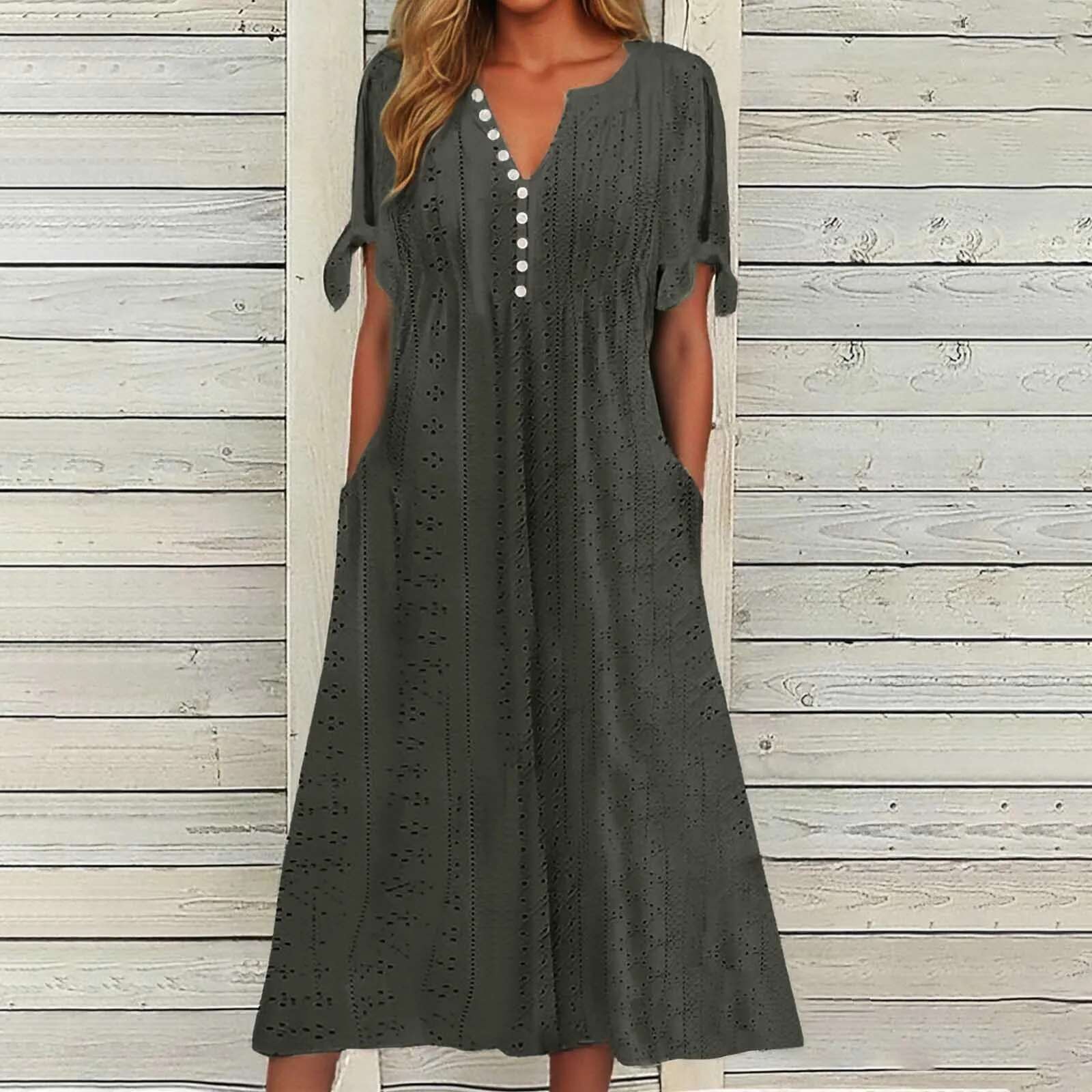 Dongdumaoyi Summer New Women S Dress With Hollow Out V Neck Lace Bow Tie Chic Elegant Long Dresses Pullover High Waist Green Beach Vestidos