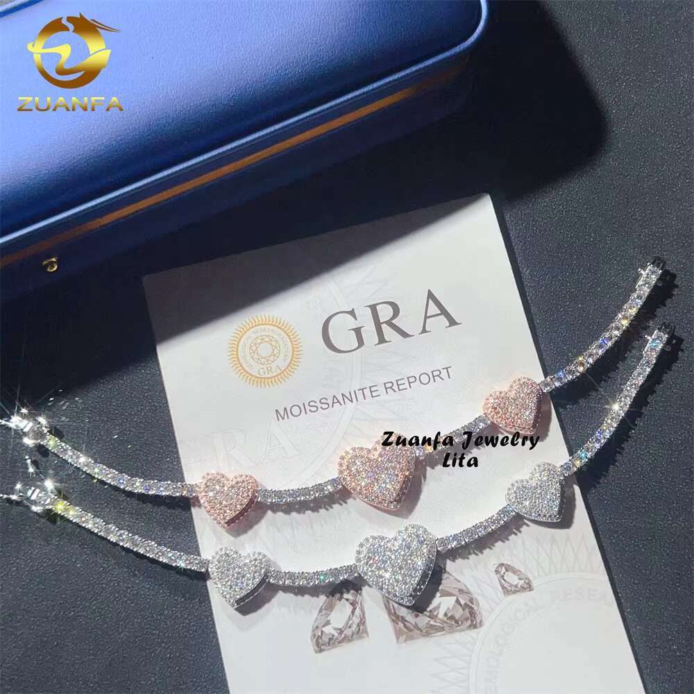 Hip Hop New Fashion Heart Two Tone 3MM Diamond 925 Sterling Silver Moissanite Tennis Chain Bracelet
