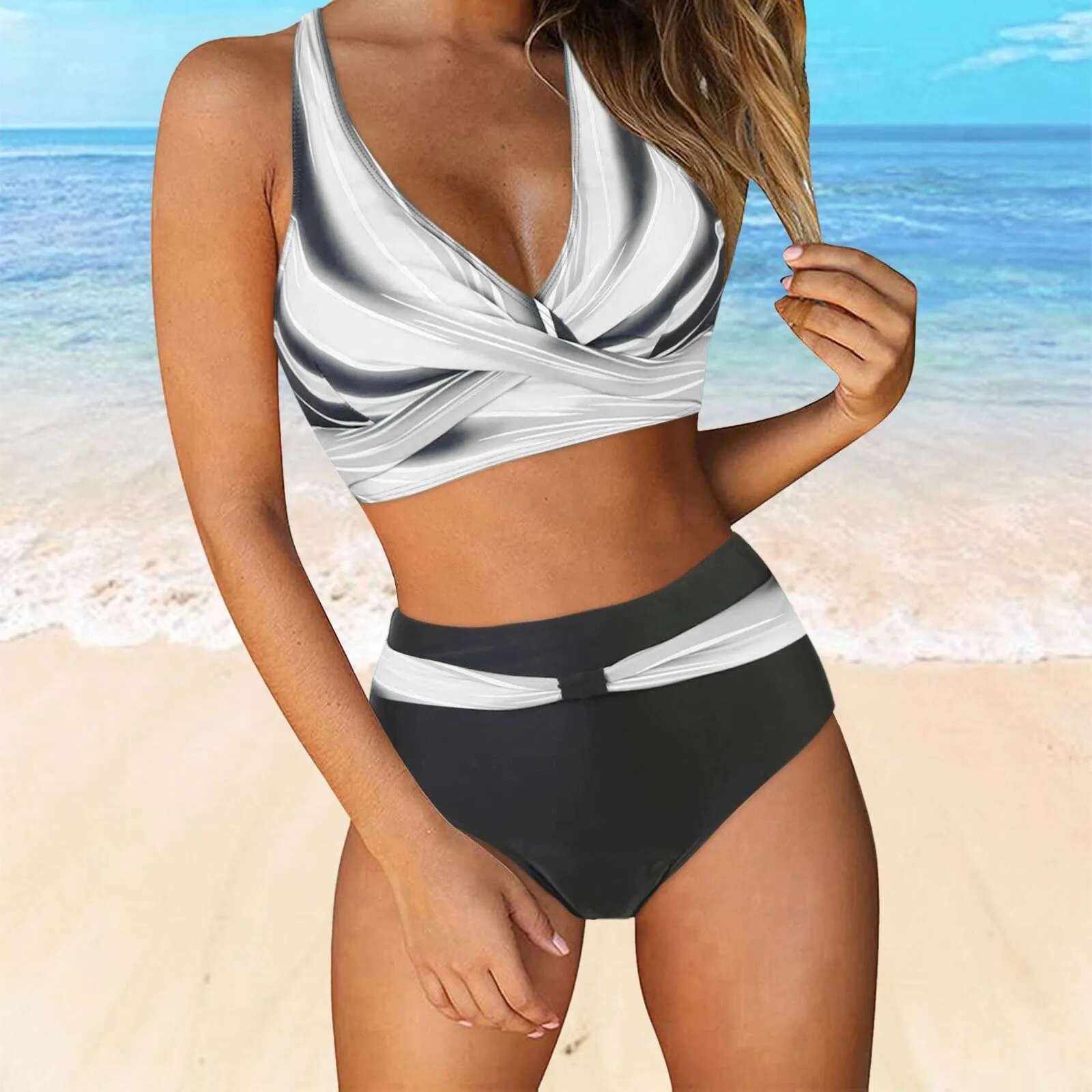 Dongdumaoyi High Waist Woman Swimsuit Side Lace Ups Push Up Ruched Two Piece Bikini Basic Sexy Color Block Swimwears Summer