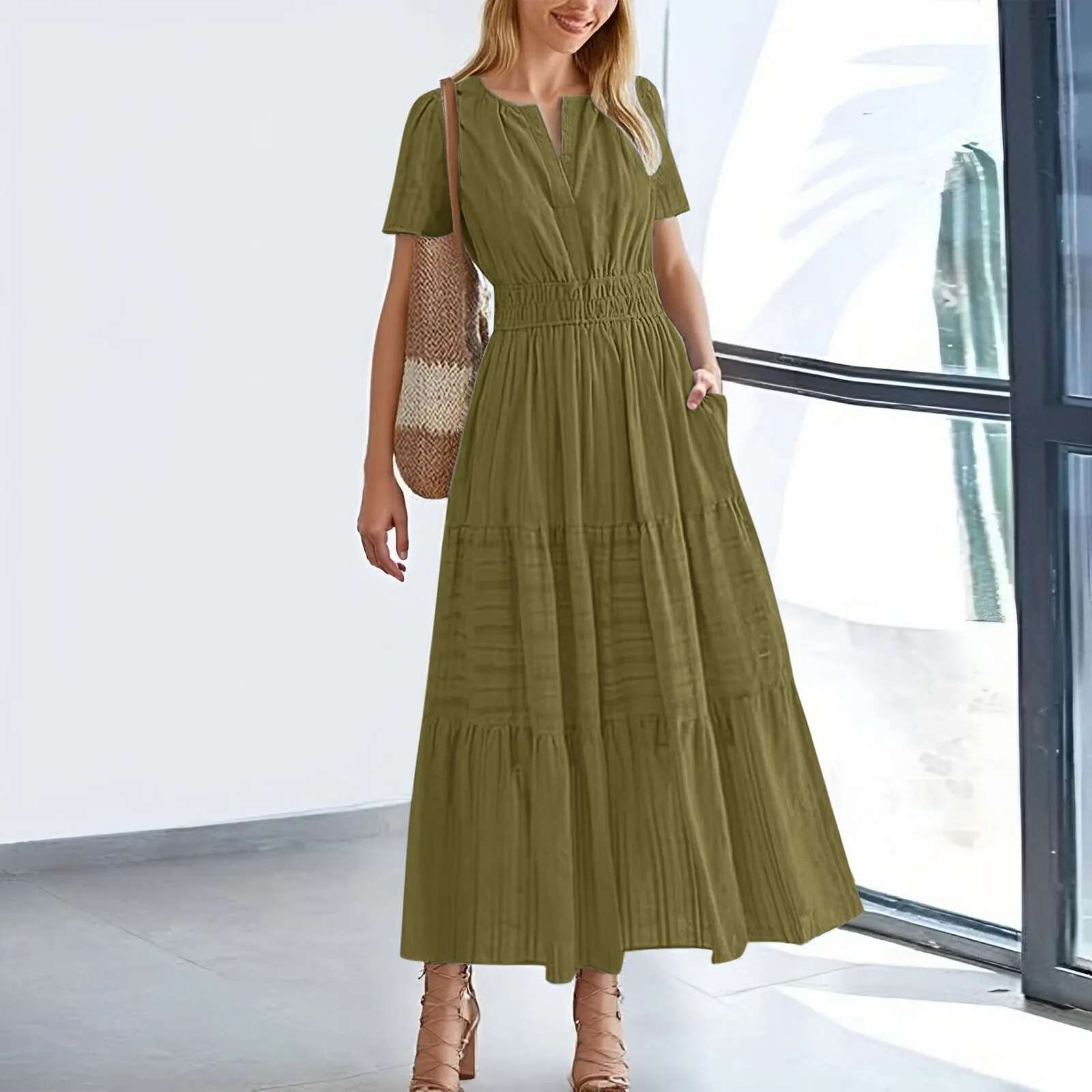 Dongdumaoyi New Dress Women S Summer Casual Midi Maxi Lightweight Short Sleeve V Neck Dresses Elastic Waist Bohemian Beach
