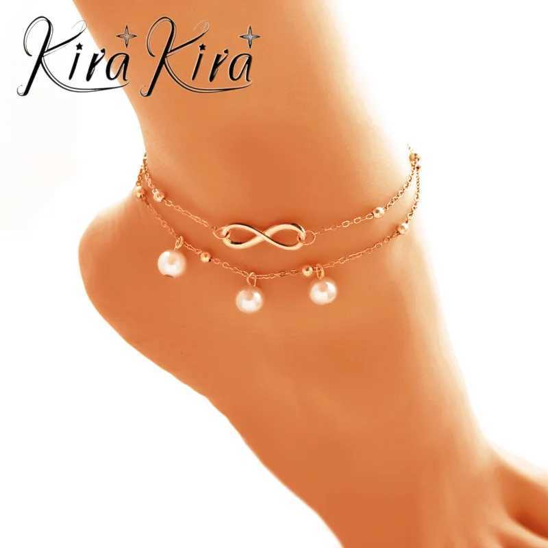 Womens Alloy Anklet With 8-shaped Double-layer Pearls Z250408