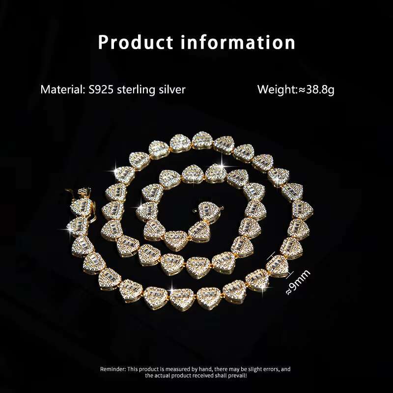 Luxury Heart Design Solid Silver 925 Hip Hop Iced Cuban Link 9mm 7A Zircon Full Diamond Womens Fine Jewelry Necklace