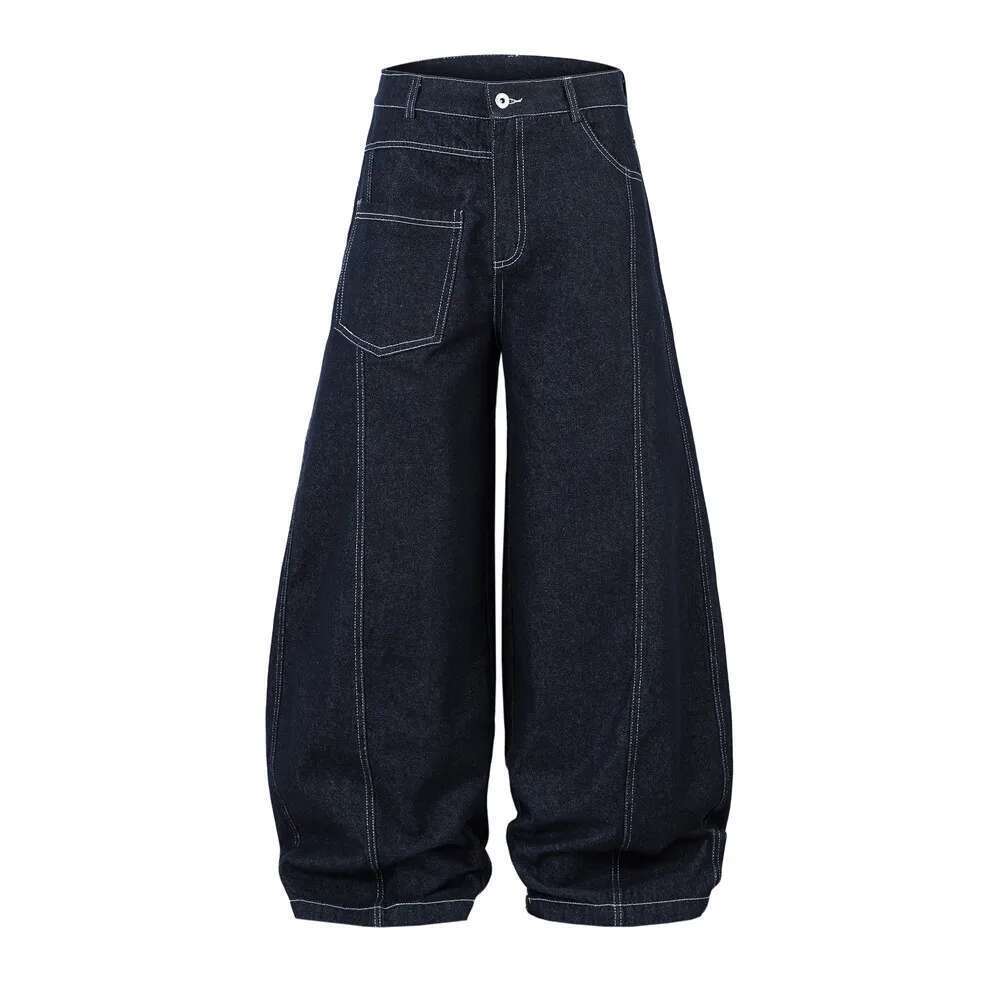 Spliced Top Jeans Mens High Street Pocket Loose Wide Leg Scimitar Denim Pants Men