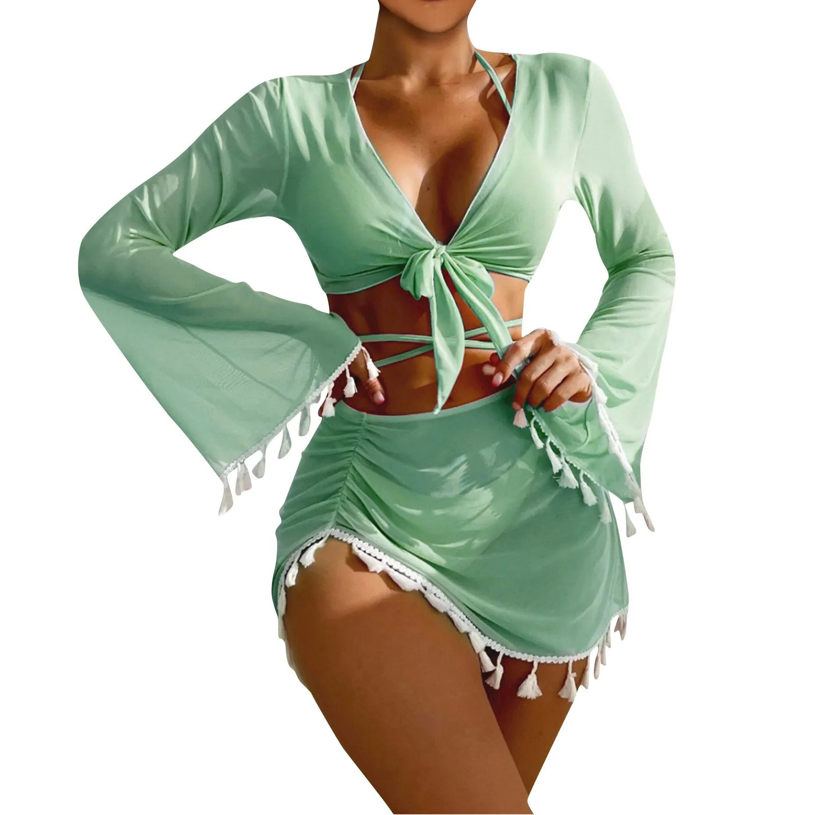 Solid color sexy fashionable slim fit beach swimsuit womens split lightweight with high waist pleated four piece set 250409