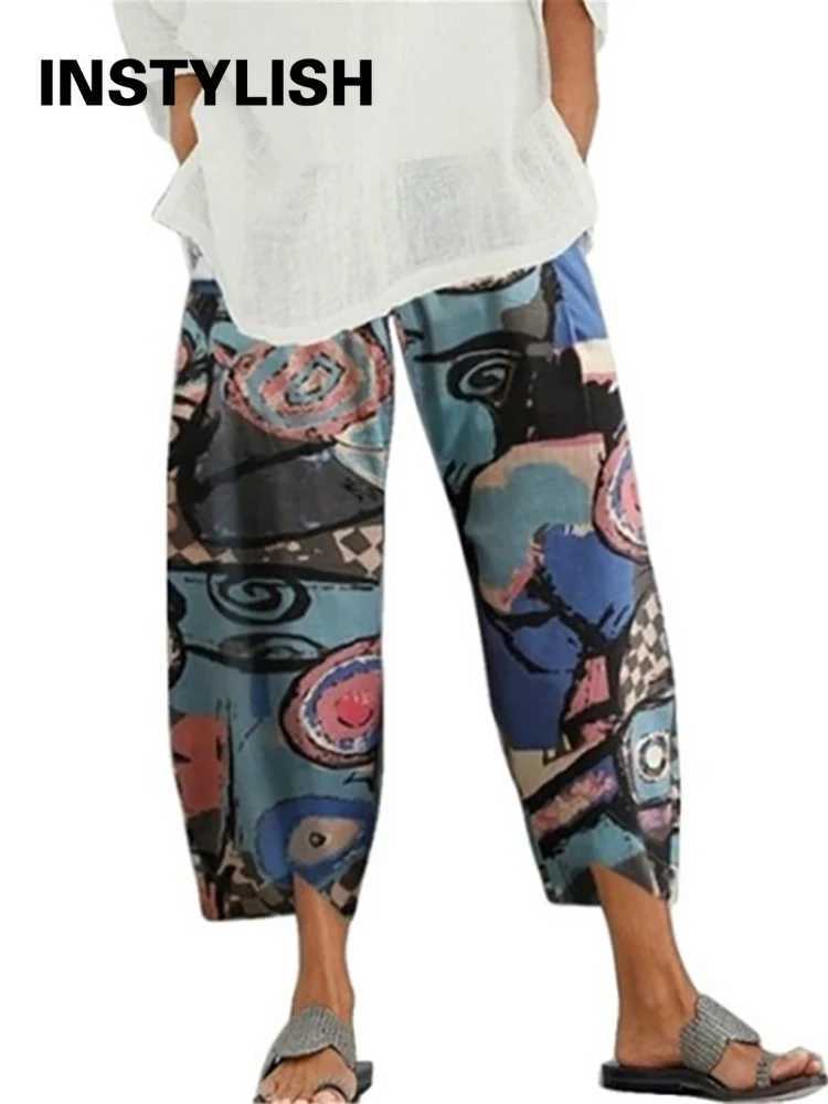 Womens cotton linen harem pants with retro print wide leg Trouser casual solid pocket Harajuku high waisted pocket pants for runnersXJ250403