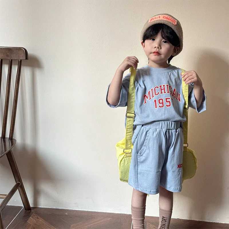 Summer Childrens Family Sports Set Boys and Girls Blue Almond Letter Shoulder Down Short Sleeve Loose T-shirt+Shorts Baby Clothing H83695 S2548