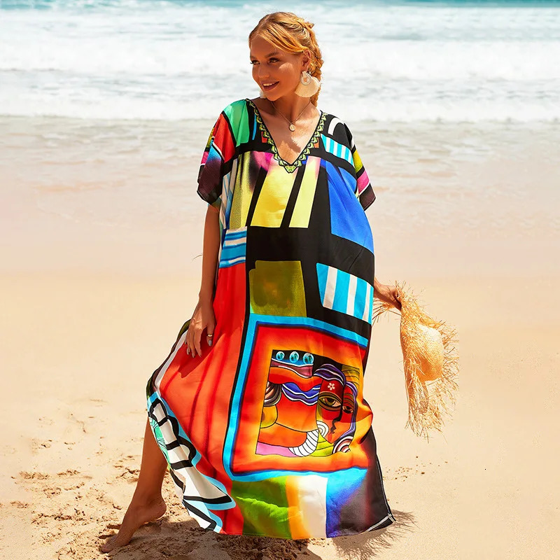 Plus size swimsuit Kaftan beach cover Ups colorful clothing womens vacation set 250409