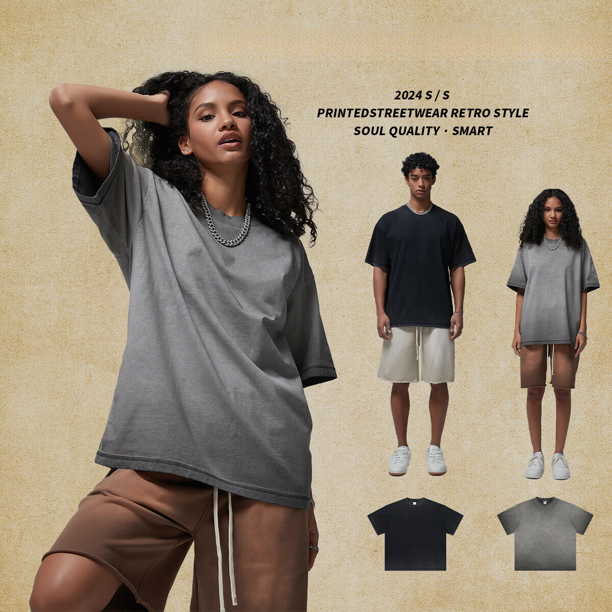 2025 Spring/Summer New Product 275g Reverse Stir fried Color Doing Old Wash Water T-shirt American Trendy Brand Grinding Edge Men's Short Sleeve