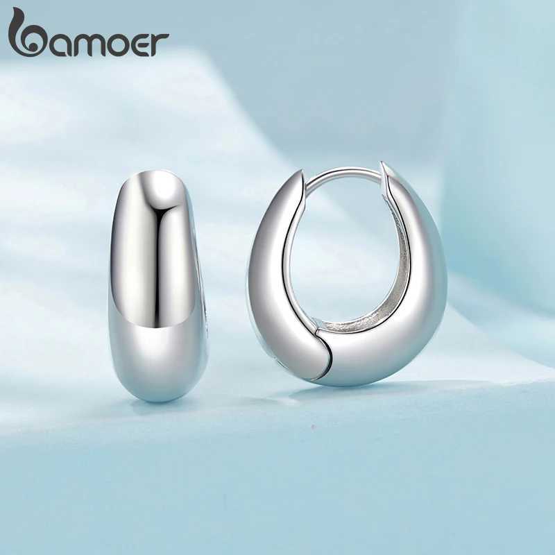 BAMOER White Gold Plated 925 Sterling Silver Post Glossy Hoop Earrings High Polished Trendy Fashion Jewelry for Women Bijoux Z250408