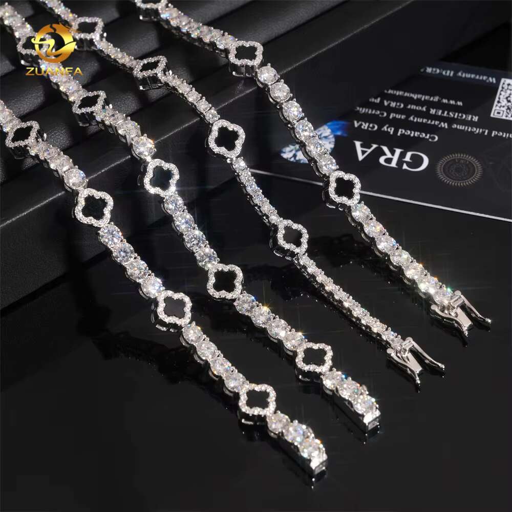 Iced Out 3mm 5mm 925 Silver Moissanite Diamond Tennis Necklace with Flower Design Fashion Tennis Jewelry for Men Women