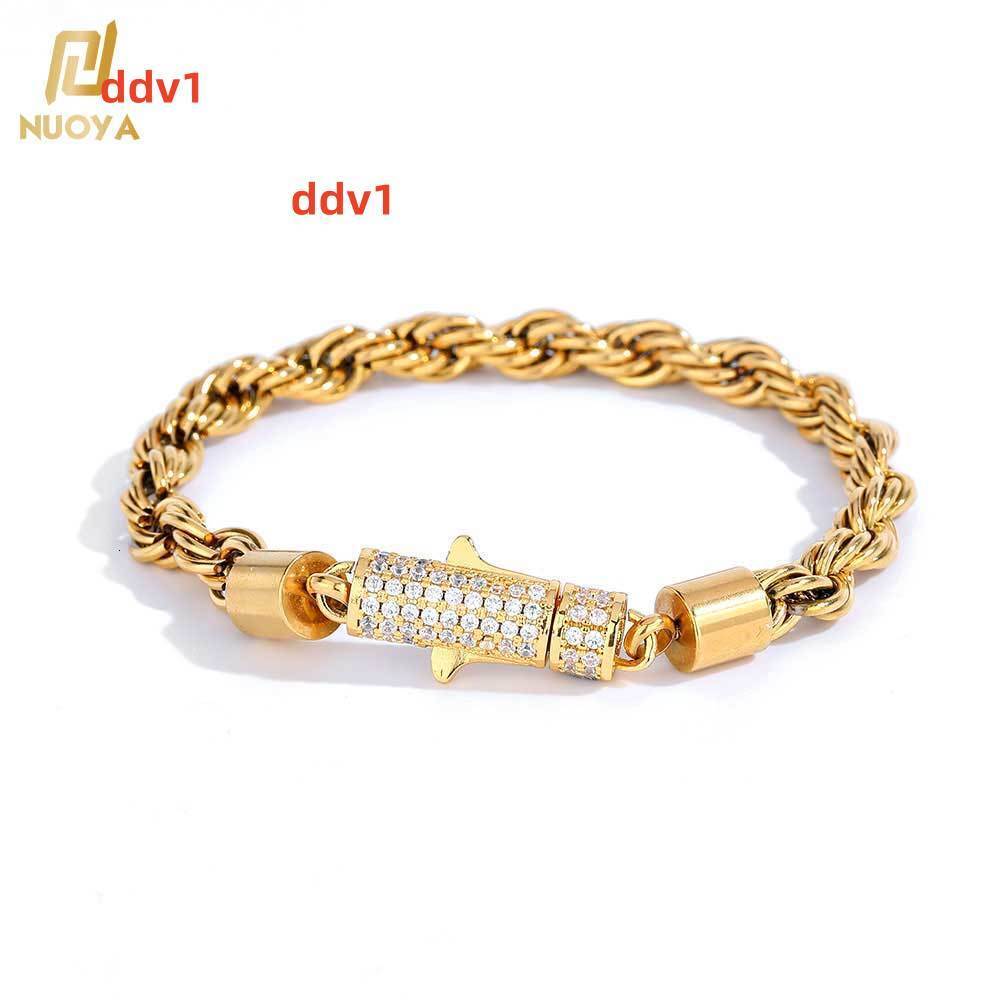 Nuoya New Style 6mm Iced Out Clasp Rope Chain Stainless Steel 18K Gold Plated Twist Rope Chaain Bracelet Jewelry for Women