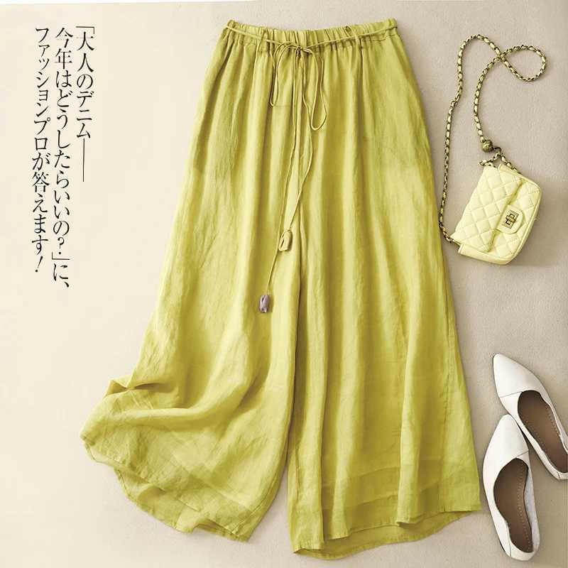 Linen double-layer high waist wide leg pants for womens summer new loose Ele lace top casual ankle pantsXJ250403