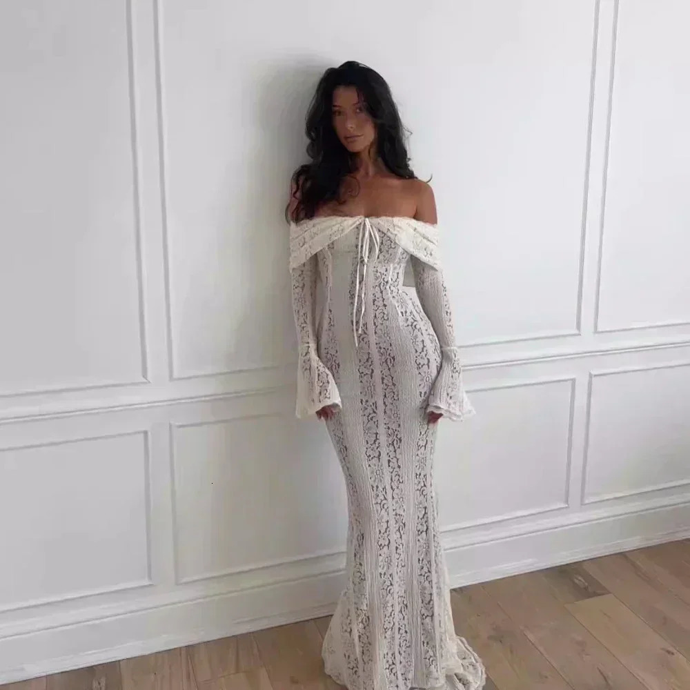 Suninhaart White Shoulder Bodycon Dress Flare Sleeves Elegant Lace Maxi Female Guest 250409