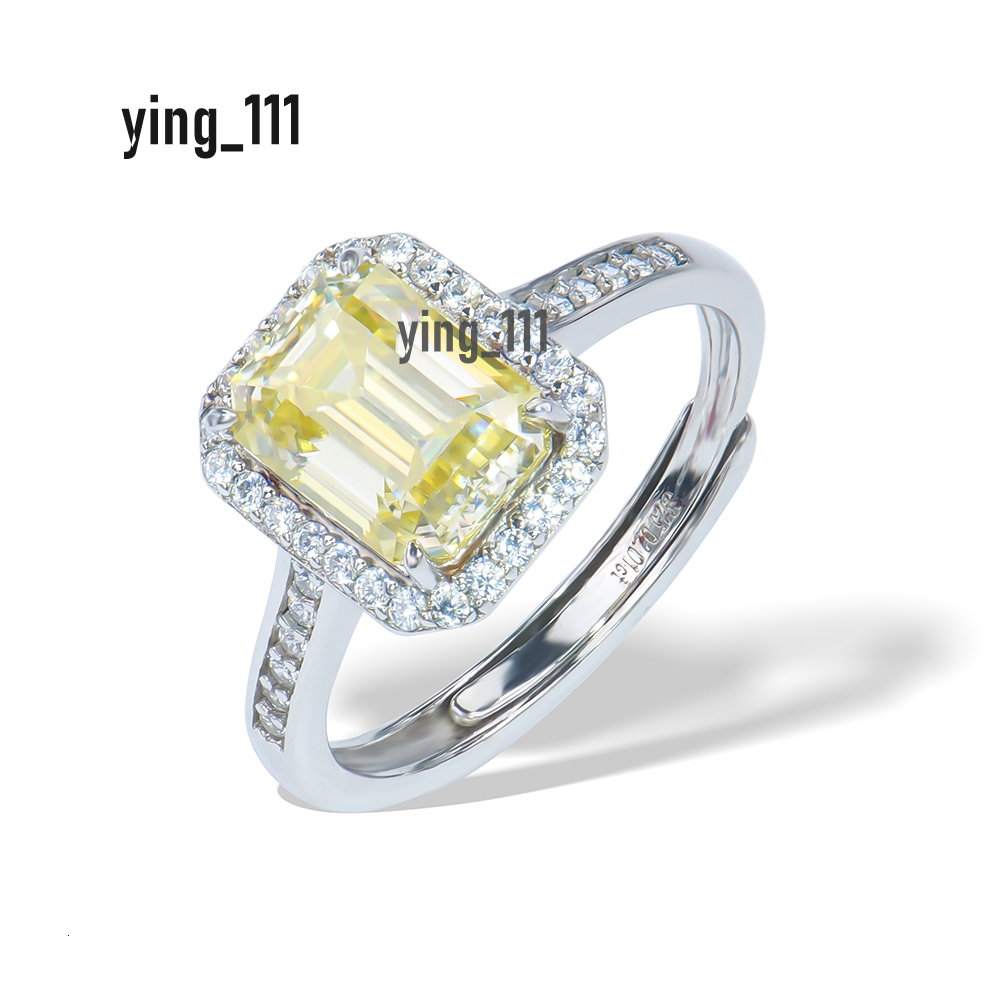 Wholesale 925 Sterling Silver Fine Jewelry Lemon Yellow 2ct Emerald 6*8mm Moissanite Diamond Adjustable Size Wedding Ring