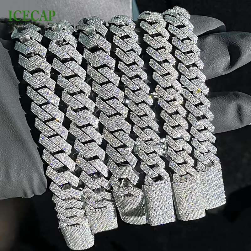 Hiphop Jeweley 10mm 12mm Moissanite Cuban Link Chain Charms 925 Silver Vvs Diamonds Moissanite Chain Cuban Necklace Bracelet