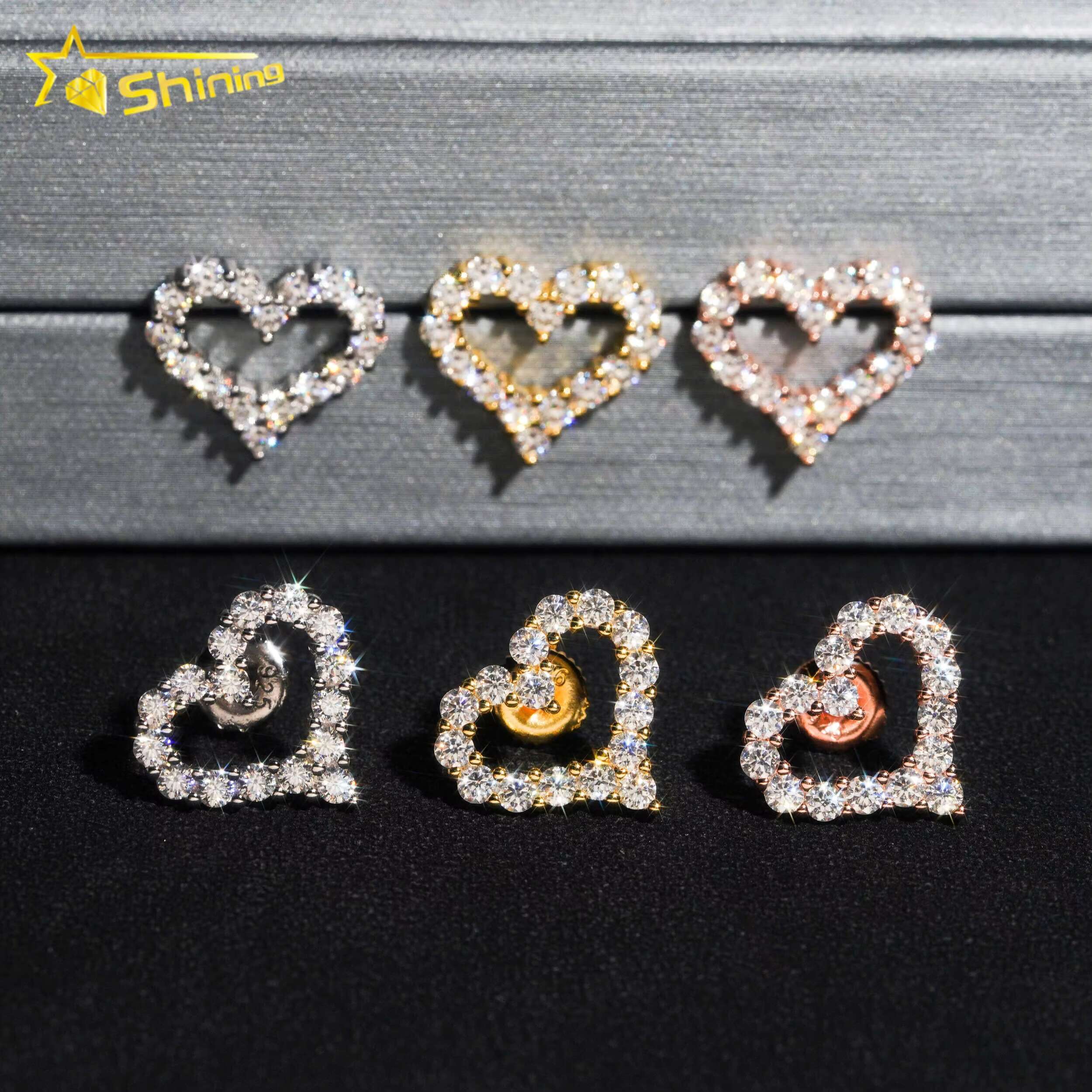 Factory Price Fine Women Heart Shape Earrings S925 Silver Gold Plated Screw Back Moissanite Stud Earrings