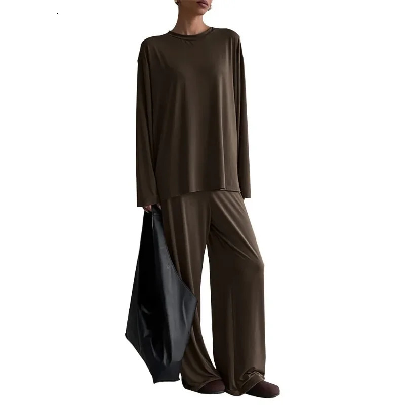 Round neck long sleeved pants sleepwear set European and American spring knitted loose fitting womens clothing 250409