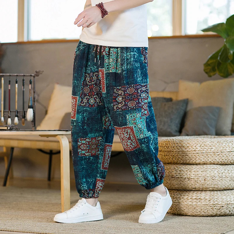 Men Harem Pants Joggers Printed Drawstring Drop-Crotch Trousers Men 2025 Summer Loose Streetwear Cotton Linen Casual Pants 250408