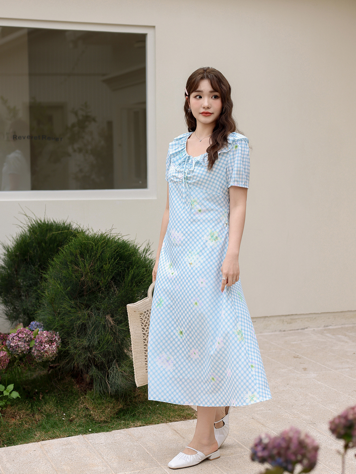 G4220 High quality floral shoulder dress for fat women, large size, slim waist and medium-length dress