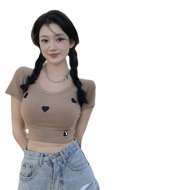 2025S Designer Women S T Shirt Knitted Thread Love Embroidered Sleeved T Shirt For Women S Spicy Girl High Waist Slim Fit Summer New Underlay Short To