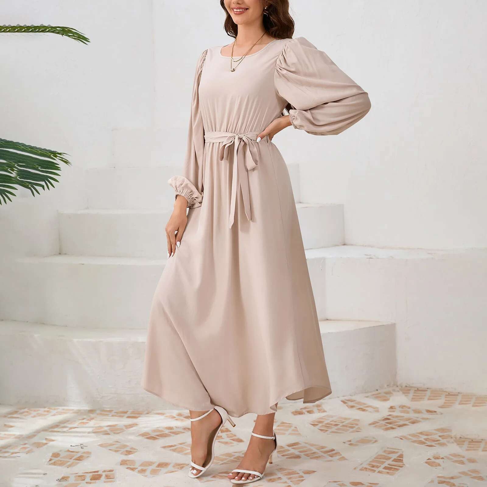 Dongdumaoyi Spring Round Neck Puff Long Sleeve Dress Casual Solid Color A Line For Womens Maxi Belt Robe