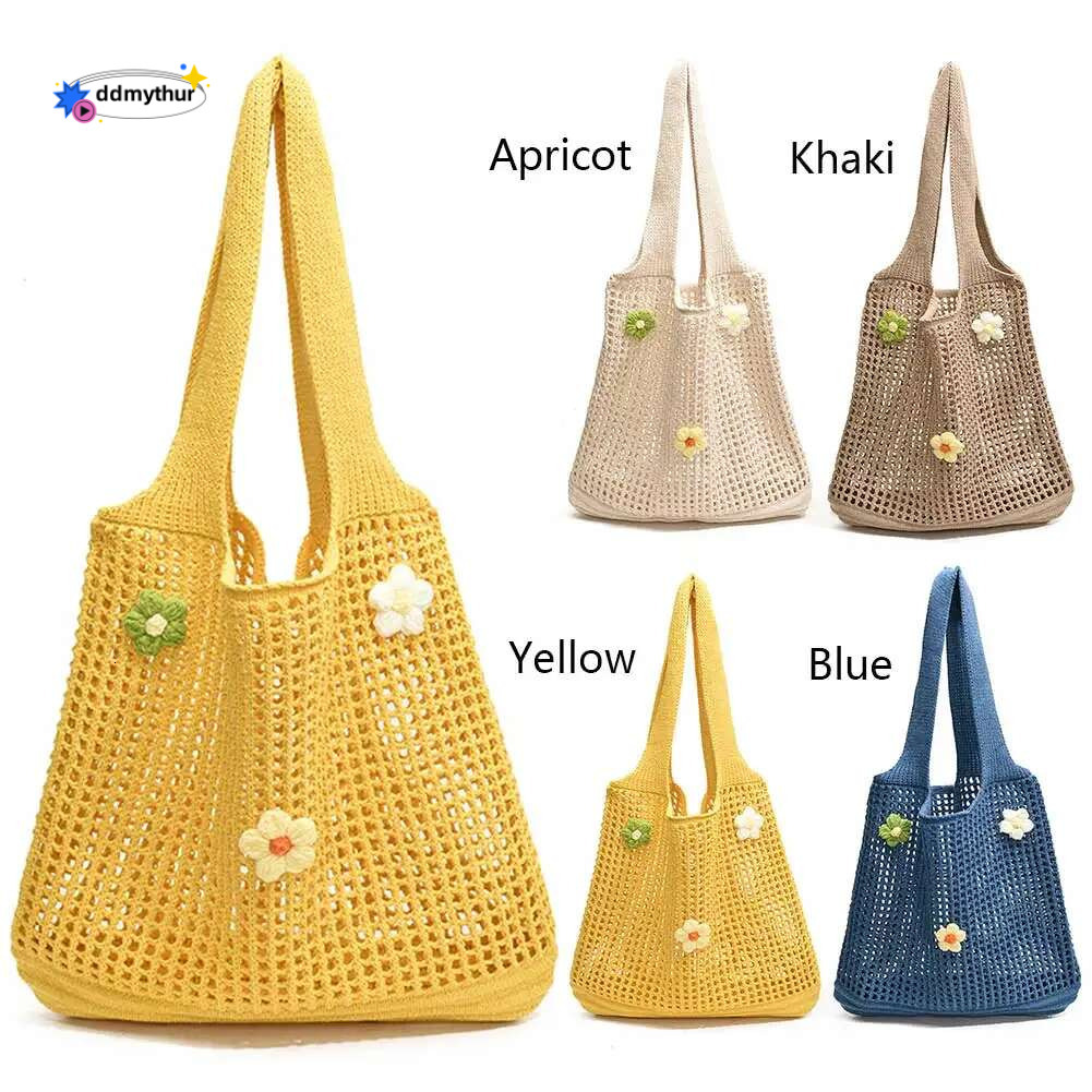 Women Knitted Tote Crochet Shoulder with wer Decor Hollow Out Handbag Casual Beach Outdoor Travel Bag ddmythur