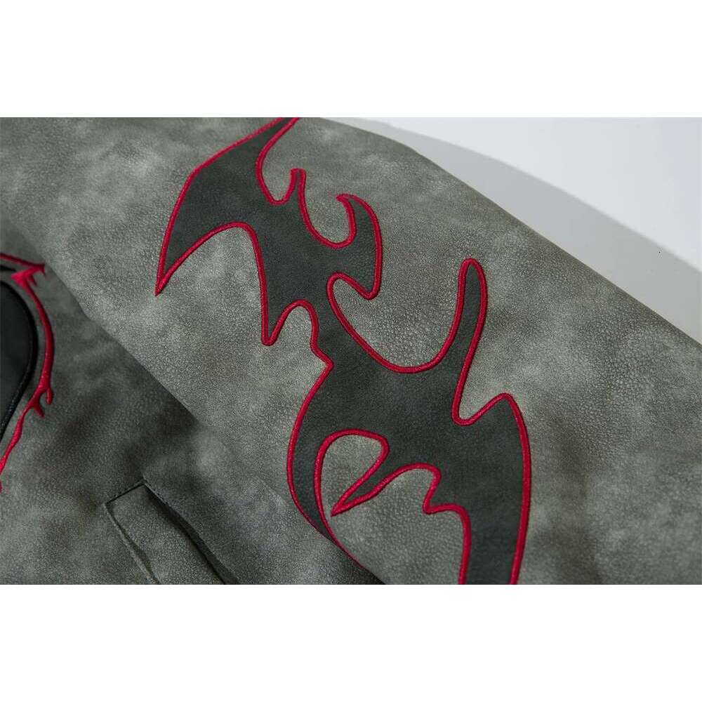 Flame Letter Leather Jacket Mens High Street Autumn Winter Loose Stand Collar Long Sleeve Zipper Fly Outerwear Men