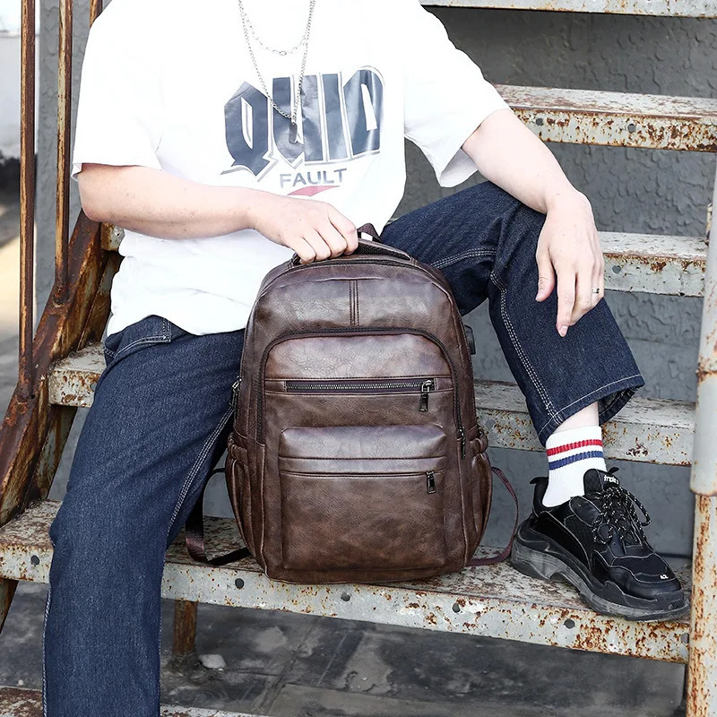 High Quality USB Charging Backpack Men PU Leather Bagpack Large Laptop Backpacks Male Mochilas Schoolbag For Teenagers Boys 250407