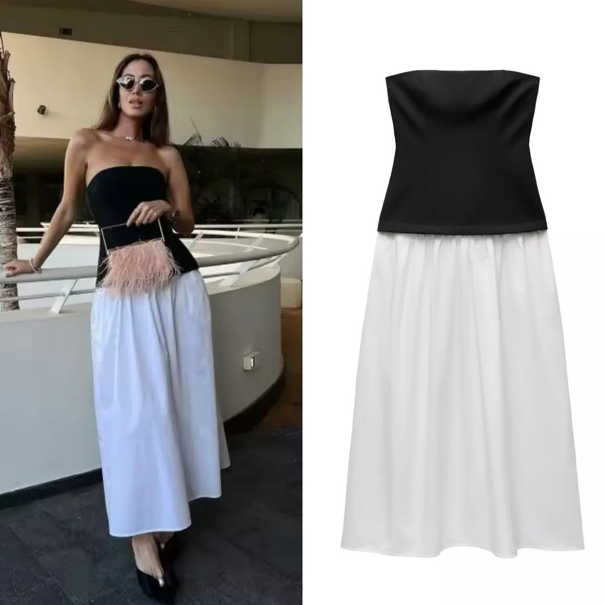 TRAF Womens Spring Collection Elegant and Fashionable Party Dress Color Comparison Splicing Sexy Strapless 250409