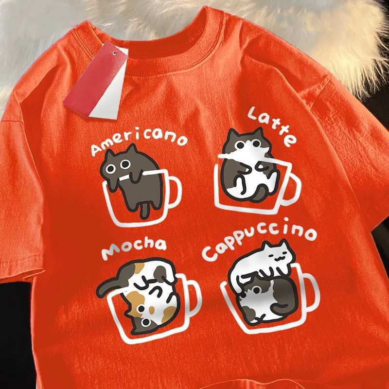 Cat Coffee Pure Cotton Trendy Summer Loose Short sleeved T-shirt Mens Original Mocha Latte Cat Three Flowers Fun Cat TeesXJ250409