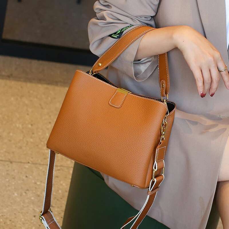 Hifashion Cowhide Genuine Leather Bucket Small Shoulder Crossbody For Women 2024 Designer Wide Strap Tote Ladies Handbags