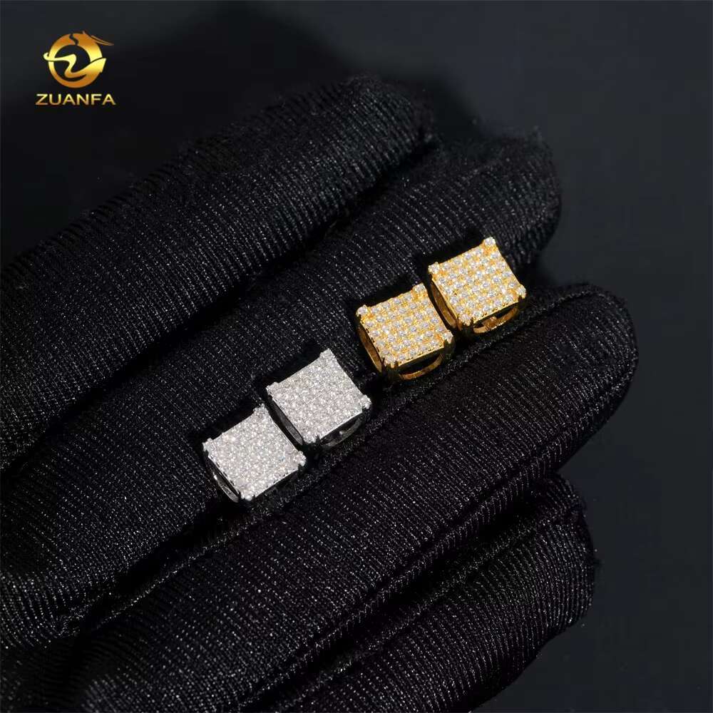 Hip Hop Square Stud 925 Sterling Silver Men Screw Back Iced Out Moissanite Earrings