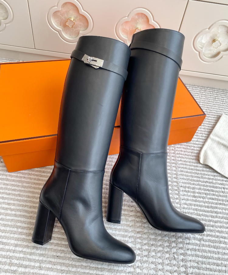 Winter Jumping Boot Luxury Brand Women Story Boot Calf Leather Palladium Plated Buckle Over-Knee Booties Kelly Chunky Heels Knee Tall Boots Fashion Footwear
