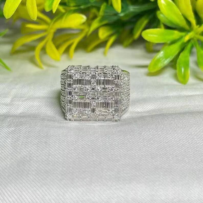 Hip Hop Iced Out Mens Ring 925 Silver Custom Made Round and Baguette VVS Moissanite Diamonds Ring For Rappers Hip Hop Ring