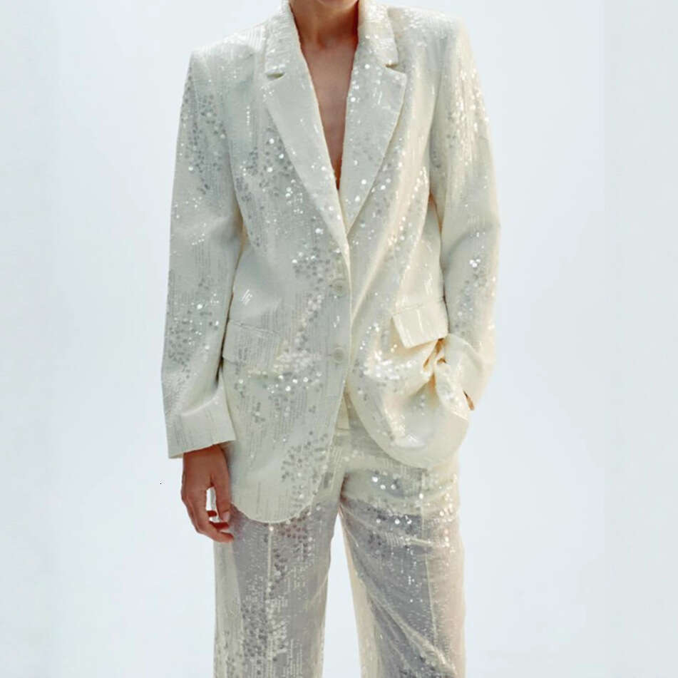Fashion Women's Sequin Blouse Suit Jacket Coat Long Pants Elegant Commuter Versatile Set for Women