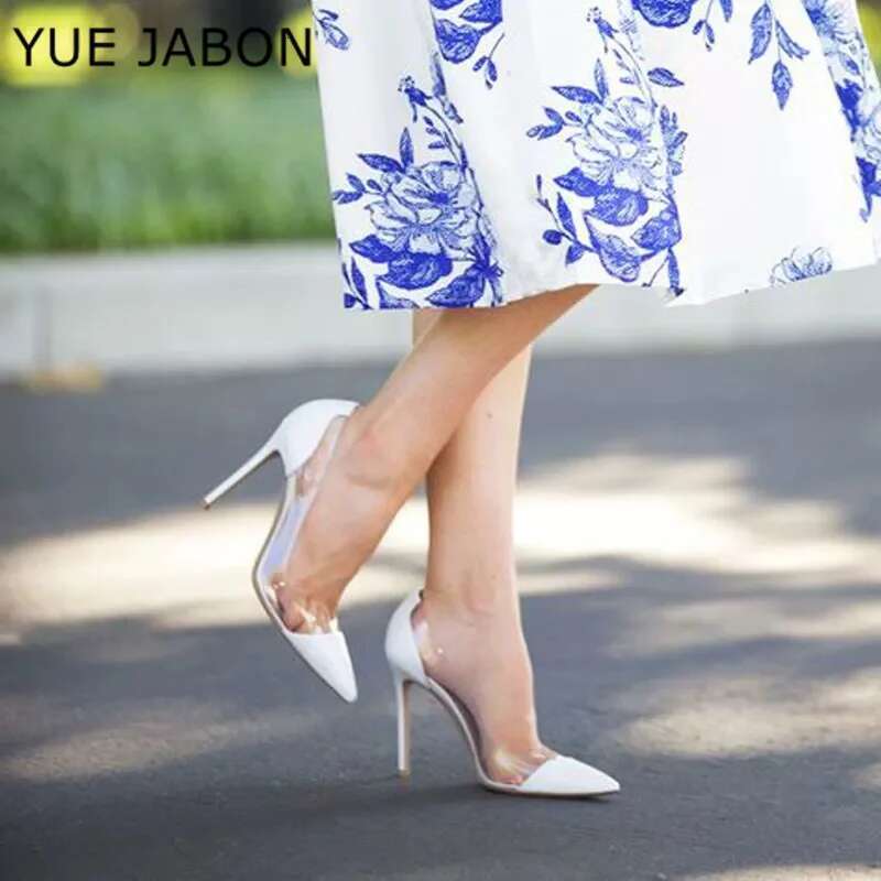 BlACK White Pointed Toe Clear PVC hot High Heel Pumps 12CM 10CM 8CM Stiletto Heels Nude Mixed-color Patchwork Wedding Shoes