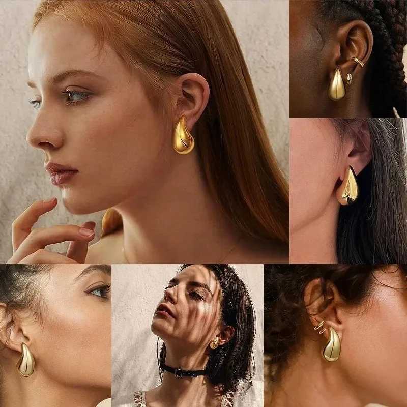 925 Sterling Silver 18K Gold Plated Chunky Dome Water Drop Earring for Women Vintage Glossy Thick Teardrop Hoop Earrings Jewelry Z250408
