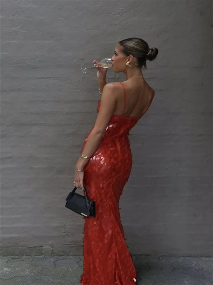 Sparkling sequins spaghetti strap womens evening dress sleeveless backless high waisted floor length party 250409