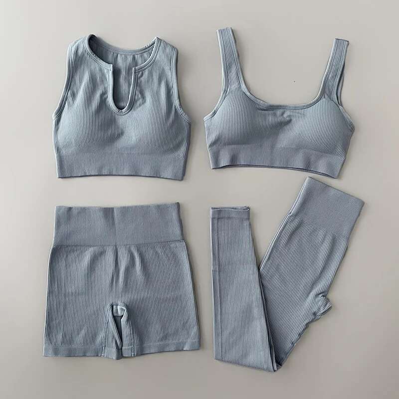 Seamless Set Ribbed Workout Outfits for Women 2/4 Piece Sport Bra High Waist Shorts Yoga Leggings Sets Fiess Gym Clothing