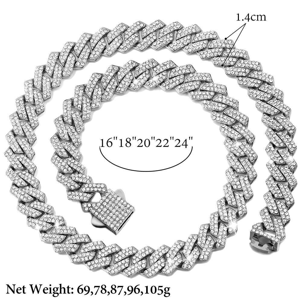 Iced Out Cuban Link Chain 14MM Prong Rhombus Diamond Cuban Chain Hip Hop Choker Necklaces Women Men Jewelry Wholesale