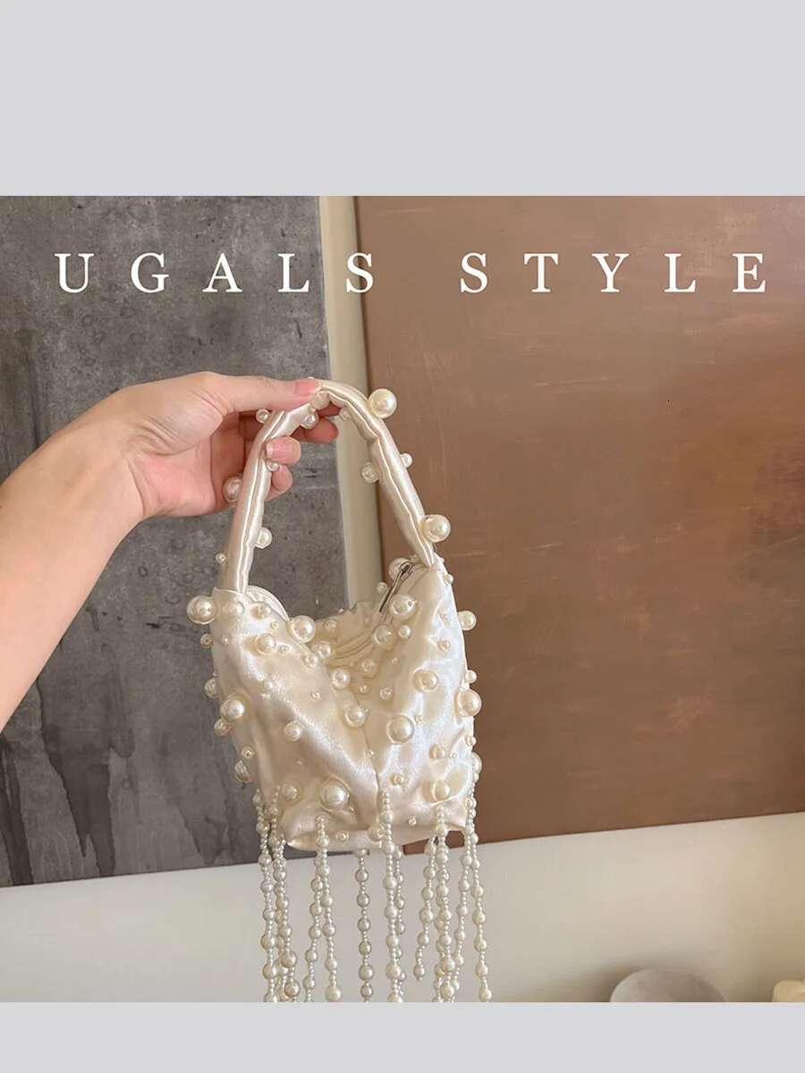 Pearl Handmade Bead Tassel Women Handbag Woven Party Wedding Evening Small Box Basket Bag