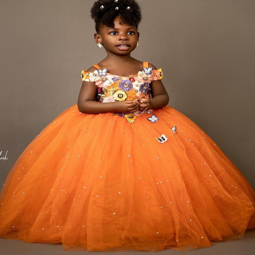 2026 Orange Ball Gown Flower Girl Dresses Applique Crystals Tulle Spaghetti Little Girl Christmas Peageant Birthday Christening Tutu Dress Gowns ZJ427