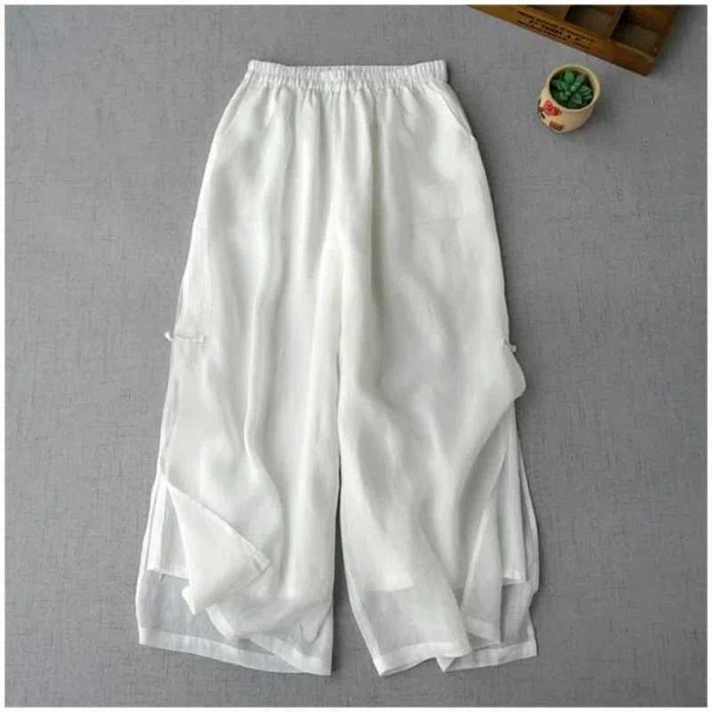 Summer Solid Color Fashion Elastic Waist Fashion Wide Leg Trouser Womens High Street Retro Thin Button All match PantsXJ250403