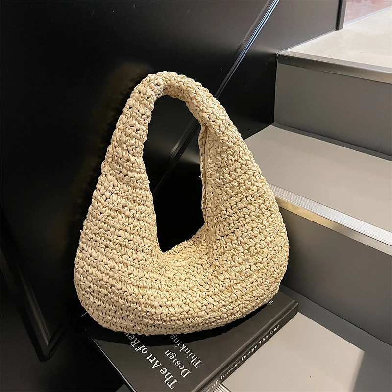 Fashion Casual Straw Woven Half Moon Shoulder Bags Large Capacity Summer Essential Trendy Handbags for Women 250408