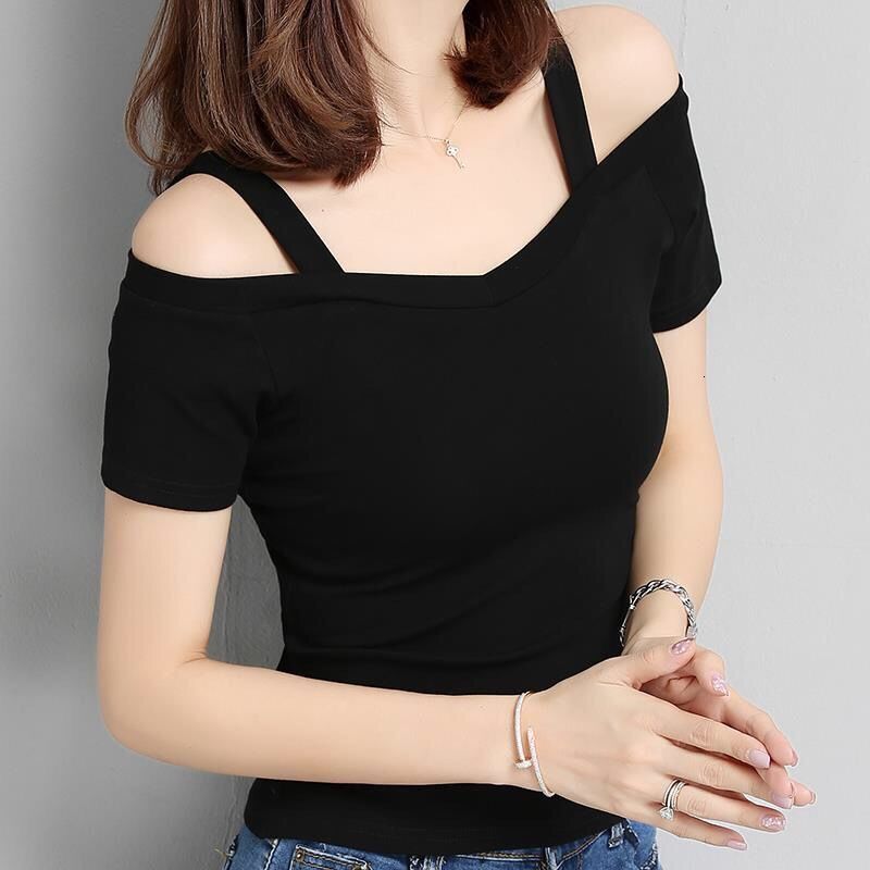 2025S Designer Women S T Shirt Summer New Korean Hanging Strap Short Sleeved T Shirt Women S One Line Neck Off Shoulder Sexy Slim Fit Student Top