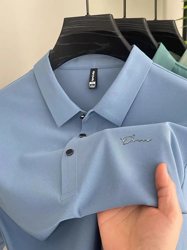 Summer Mens Ice Silk Elastic Golf Polo Shirt Custom Relief Short Sleeve Shirt Fashion Business Casual SlimmingTshirt 250407